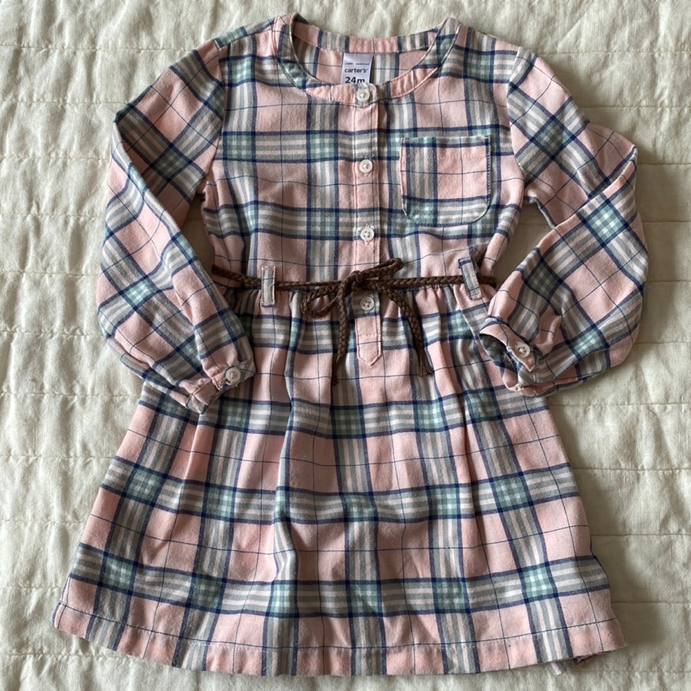 Carter's Blue and Pink Plaid Belted Dress Size 24 Months